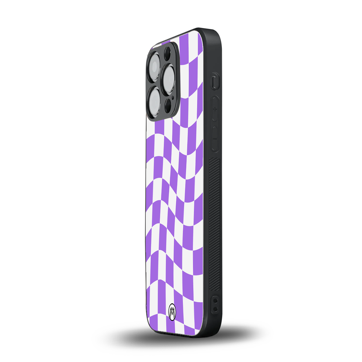 purple white trippy check pattern back phone cover | glass case for iphone 15 pro
