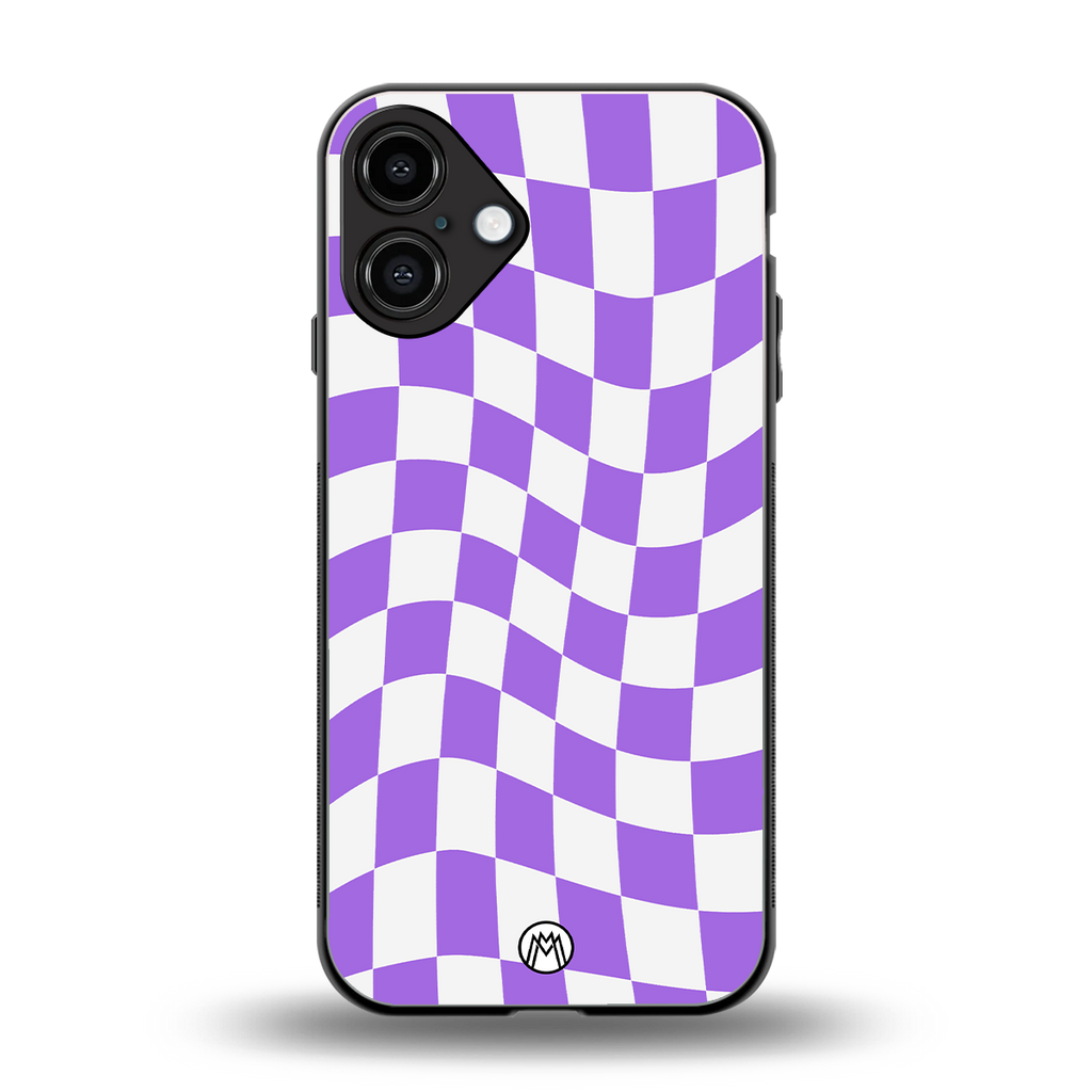 purple white trippy check pattern back phone cover | glass case for iphone 16 plus