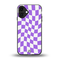 purple white trippy check pattern back phone cover | glass case for iphone 16 plus