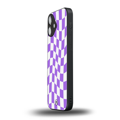 purple white trippy check pattern back phone cover | glass case for iphone 16 plus