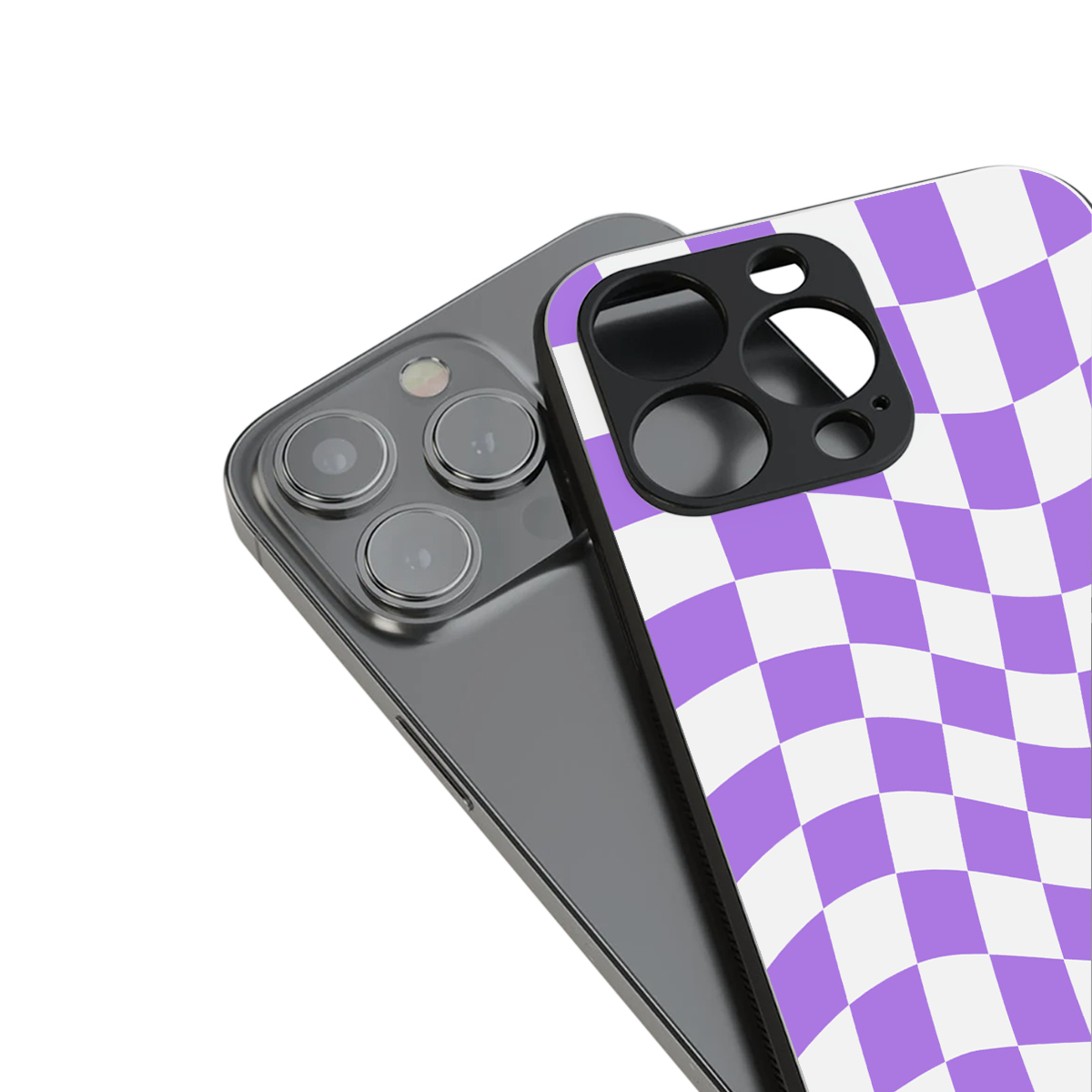 purple white trippy check pattern back phone cover | glass case for iphone 14
