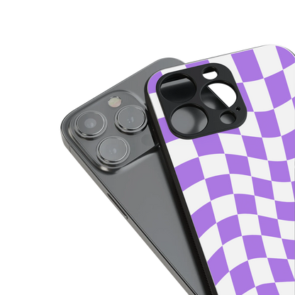 purple white trippy check pattern back phone cover | glass case for iphone 14
