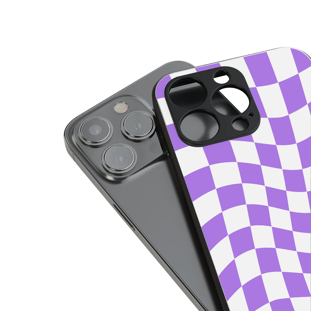 purple white trippy check pattern back phone cover | glass case for iphone 16 plus