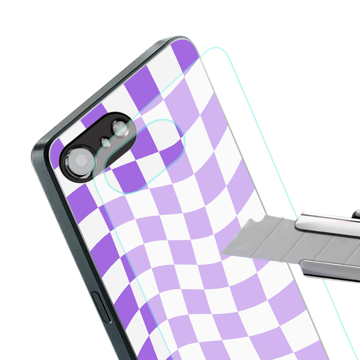 purple white trippy check pattern back phone cover | glass case for iphone 16e