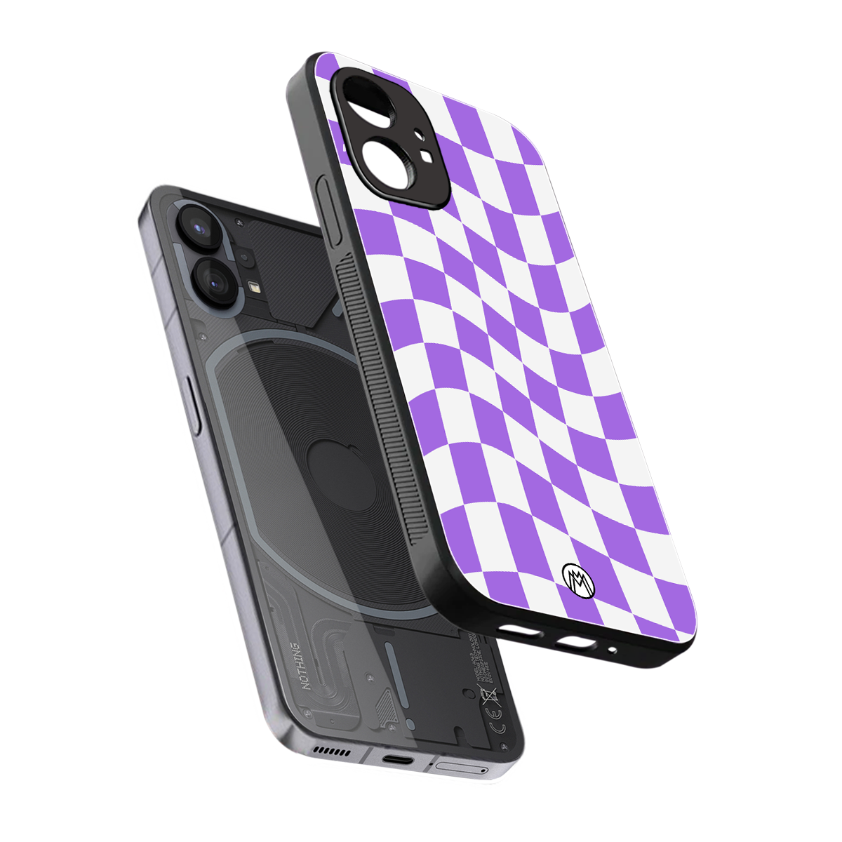 purple white trippy check pattern back phone cover | glass case for nothing phone 1