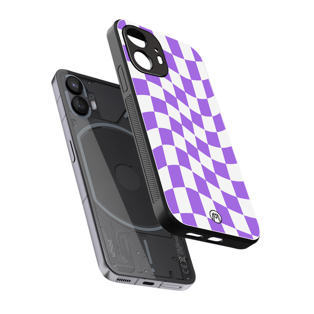 purple white trippy check pattern back phone cover | glass case for nothing phone 2