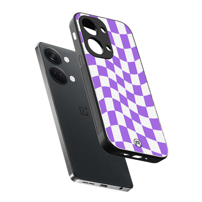 purple white trippy check pattern back phone cover | glass case for oneplus nord 3