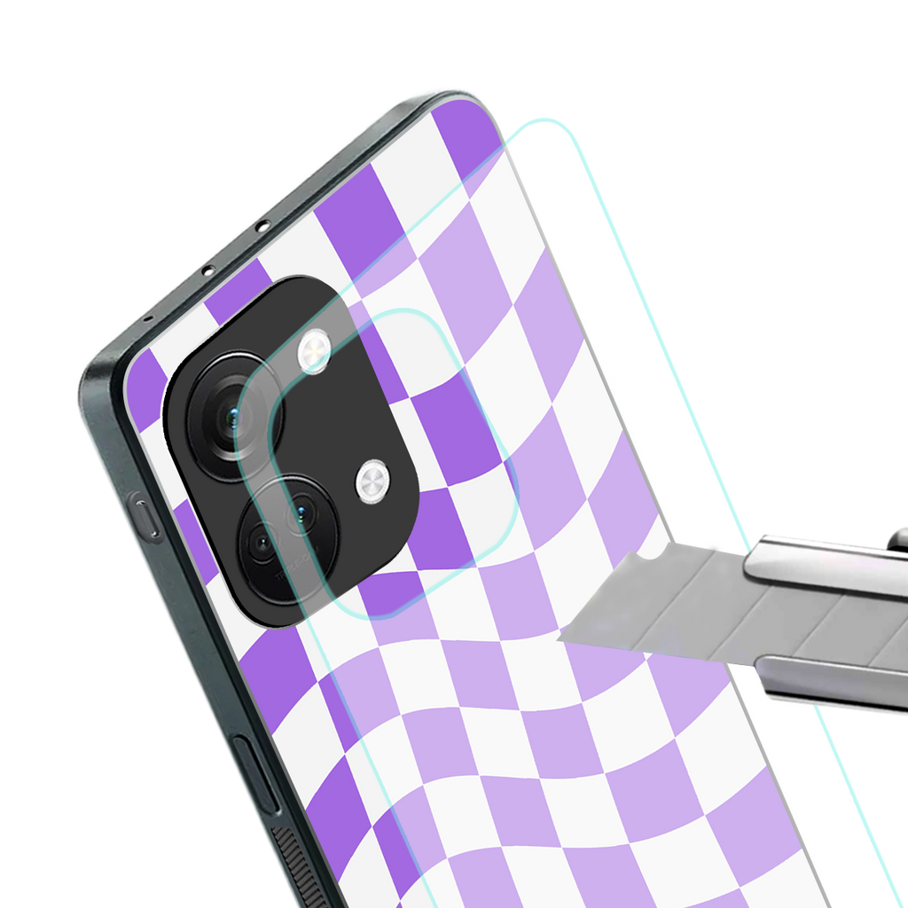 purple white trippy check pattern back phone cover | glass case for oneplus nord 3