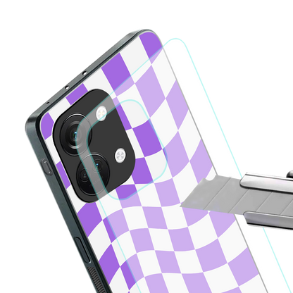 purple white trippy check pattern back phone cover | glass case for oneplus nord 3