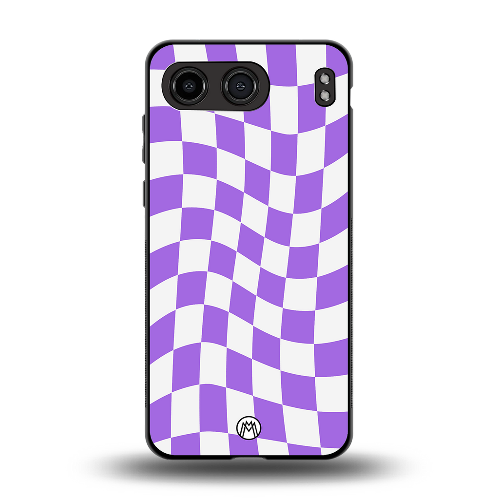 purple white trippy check pattern back phone cover | glass case for oneplus nord 4