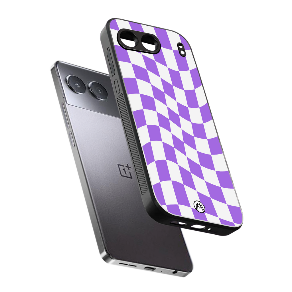 purple white trippy check pattern back phone cover | glass case for oneplus nord 4