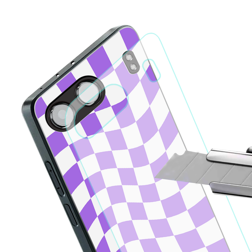 purple white trippy check pattern back phone cover | glass case for oneplus nord 4