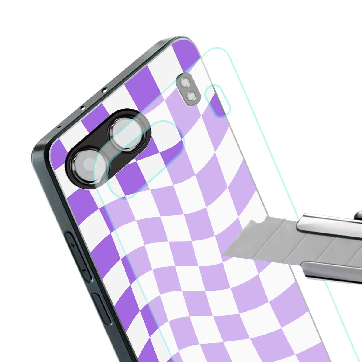 purple white trippy check pattern back phone cover | glass case for oneplus nord 4