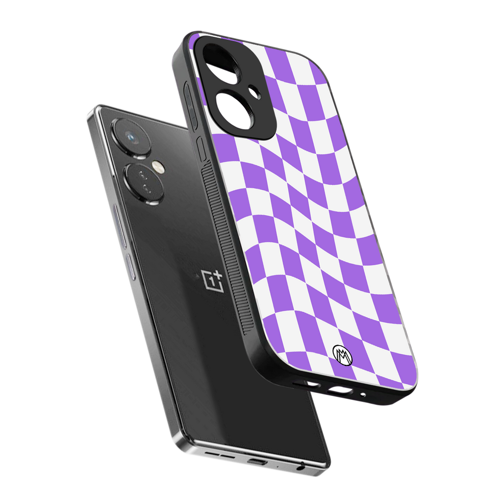 purple white trippy check pattern back phone cover | glass case for oneplus nord ce 3