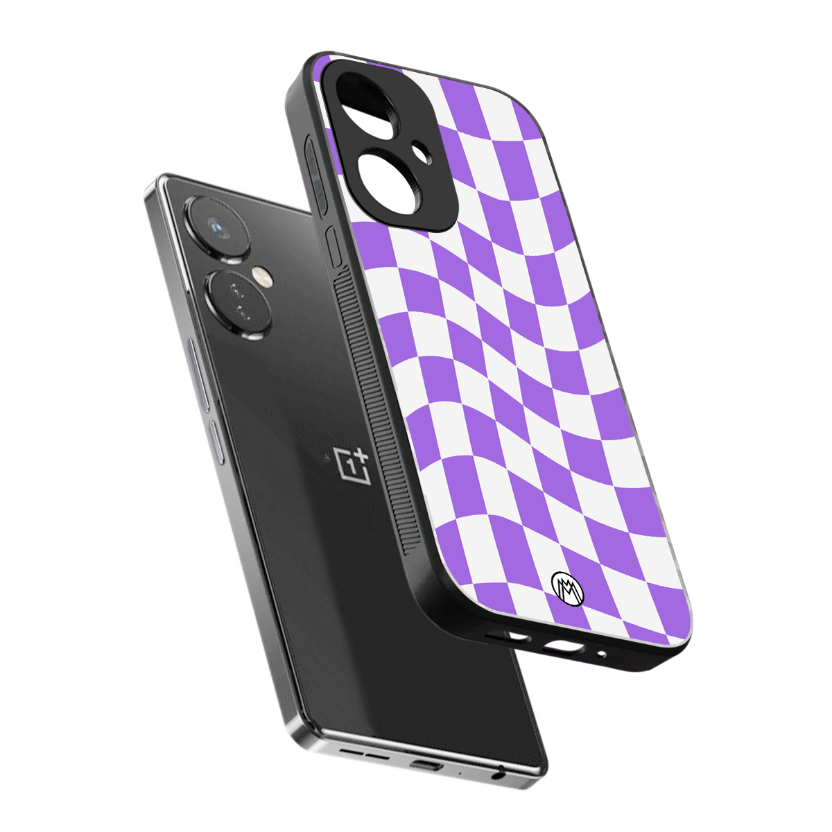 purple white trippy check pattern back phone cover | glass case for oneplus nord ce 3