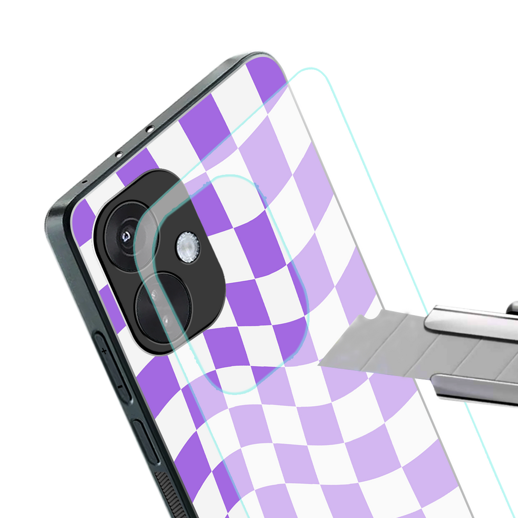 purple white trippy check pattern back phone cover | glass case for oneplus nord ce 3