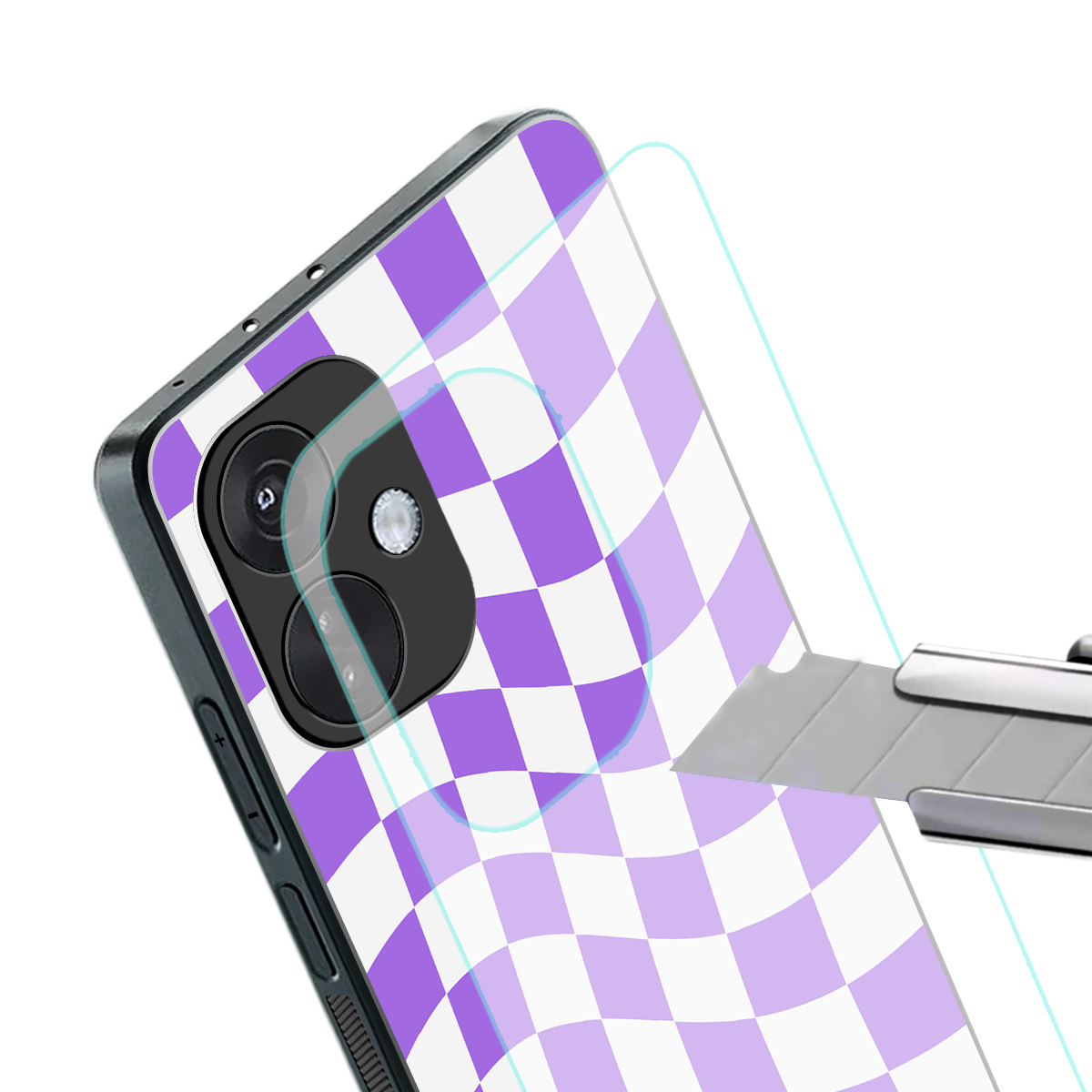 purple white trippy check pattern back phone cover | glass case for oneplus nord ce 3