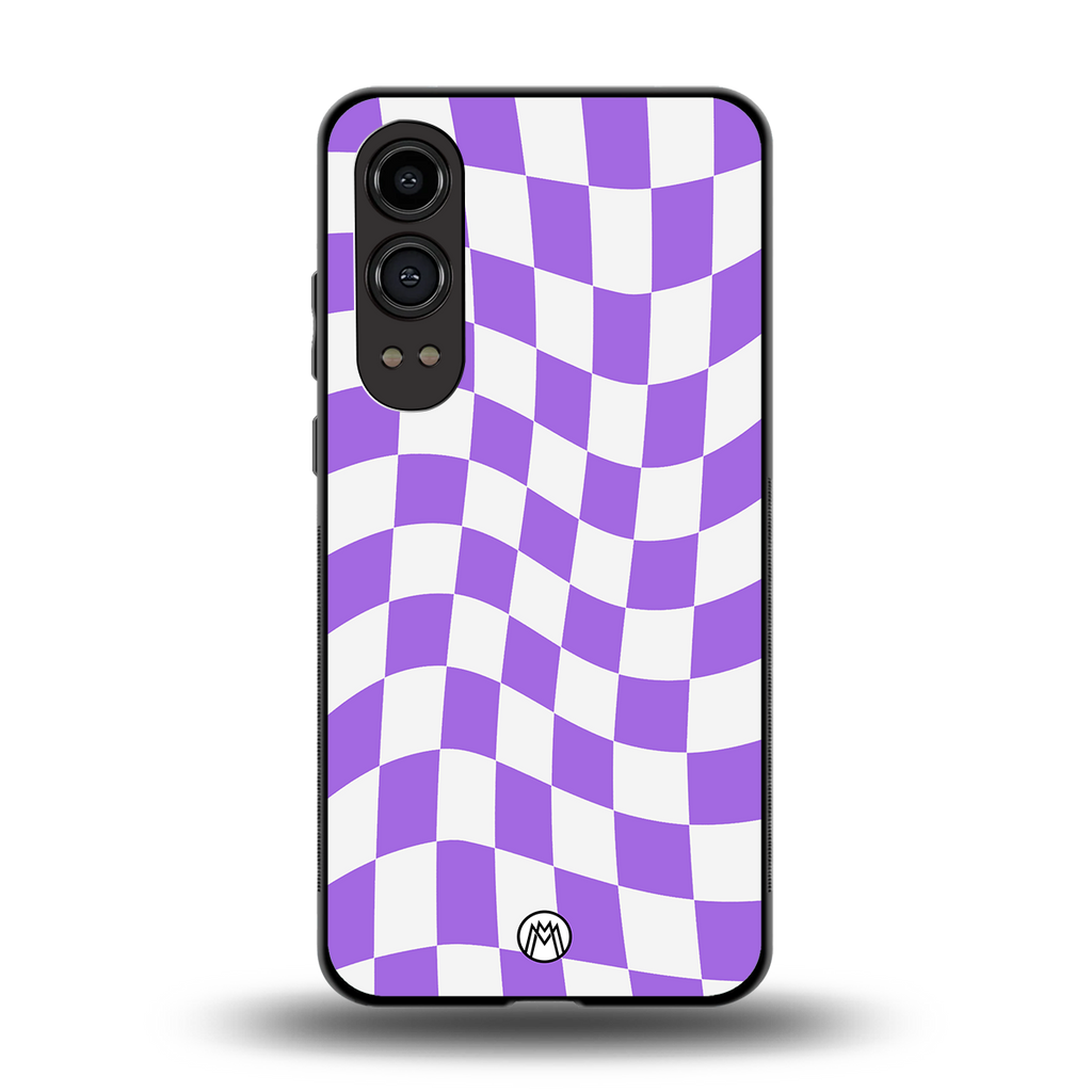 purple white trippy check pattern back phone cover | glass case for oneplus nord ce 4 lite