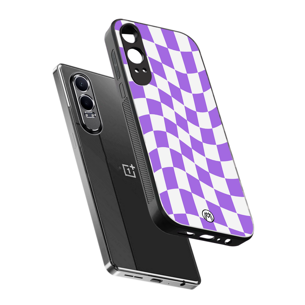 purple white trippy check pattern back phone cover | glass case for oneplus nord ce 4 lite