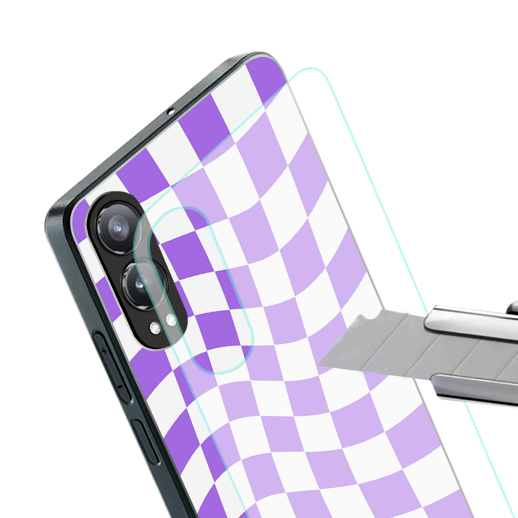 purple white trippy check pattern back phone cover | glass case for oneplus nord ce 4 lite