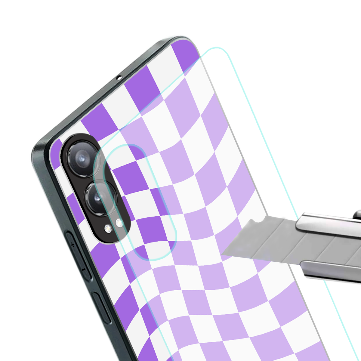 purple white trippy check pattern back phone cover | glass case for oneplus nord ce 4 lite