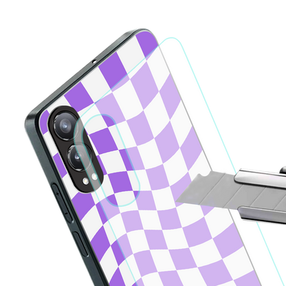 purple white trippy check pattern back phone cover | glass case for oneplus nord ce 4 lite