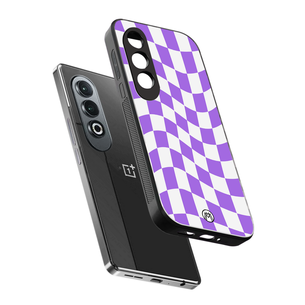 purple white trippy check pattern back phone cover | glass case for oneplus nord ce 4