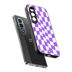 purple white trippy check pattern back phone cover | glass case for oneplus nord ce 4