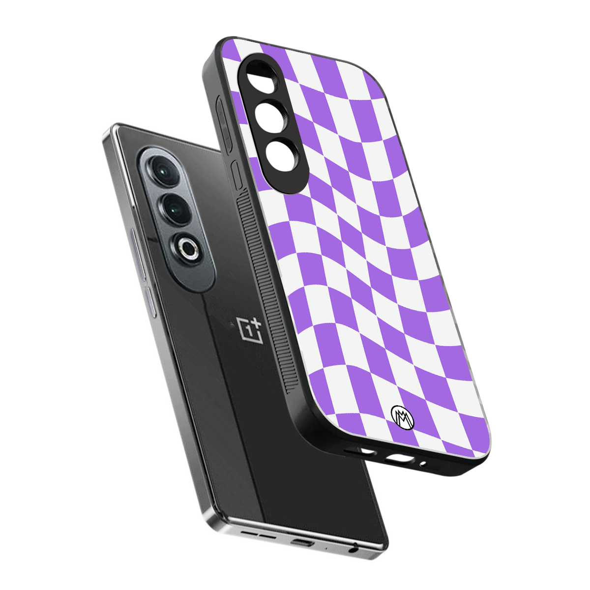 purple white trippy check pattern back phone cover | glass case for oneplus nord ce 4