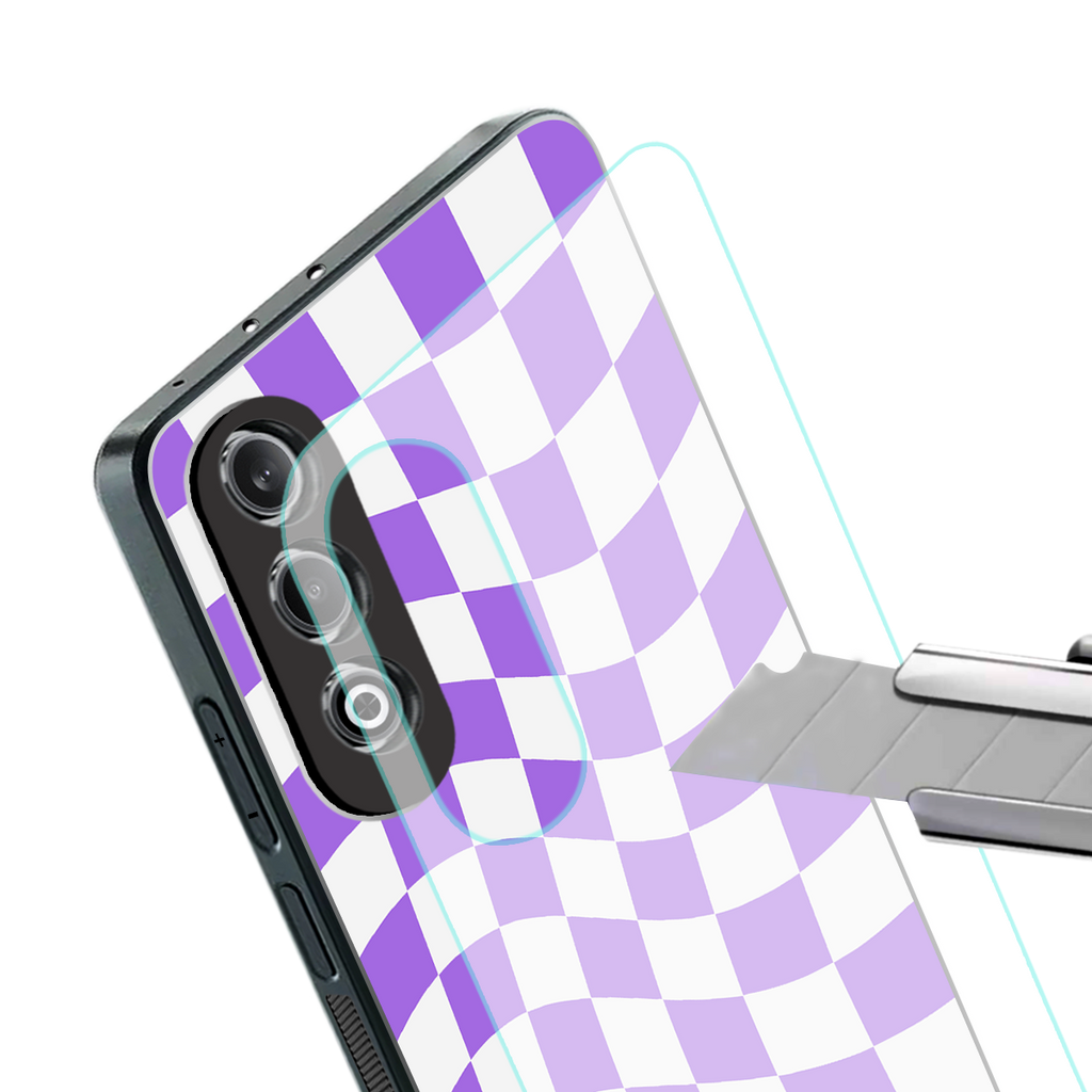 purple white trippy check pattern back phone cover | glass case for oneplus nord ce 4