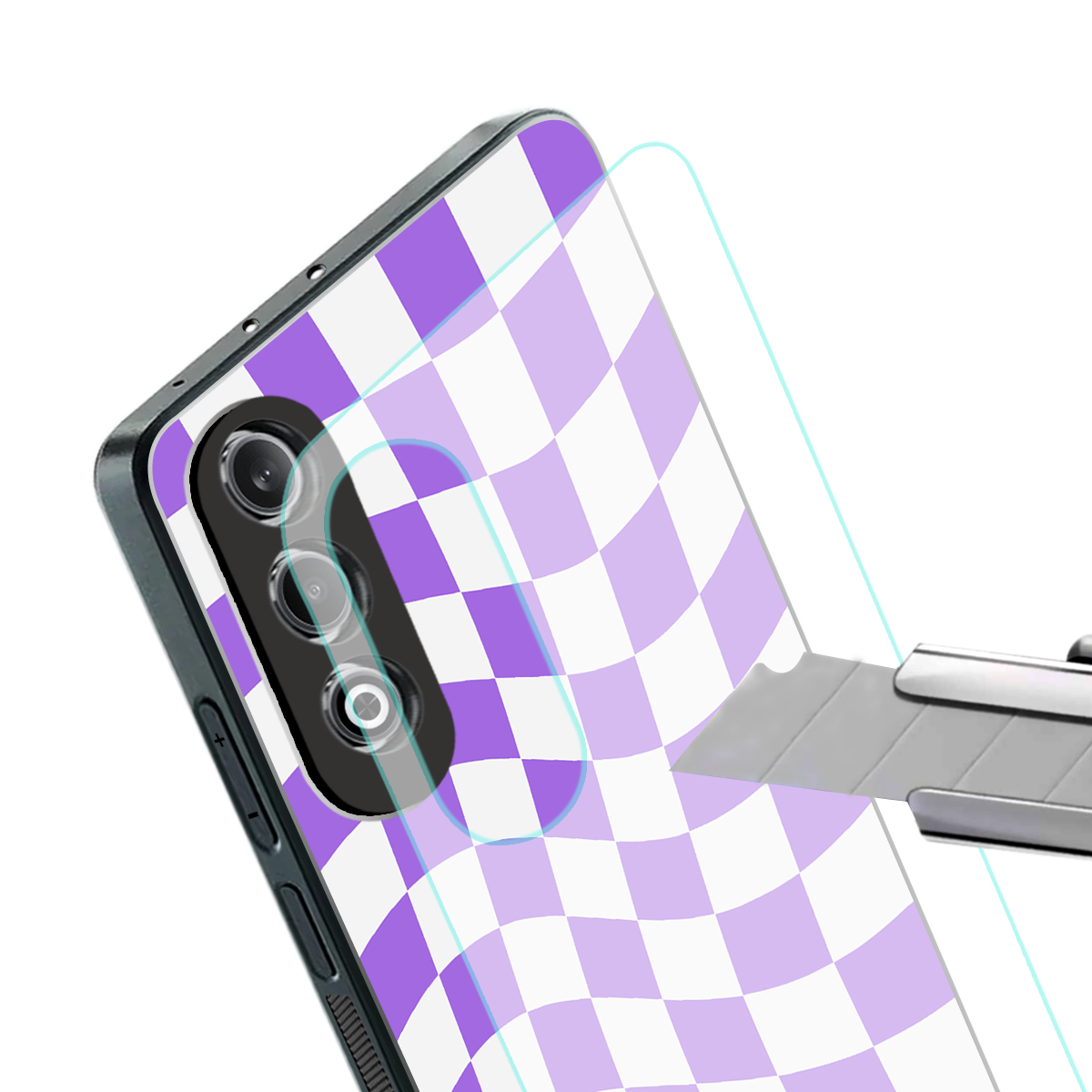 purple white trippy check pattern back phone cover | glass case for oneplus nord ce 4