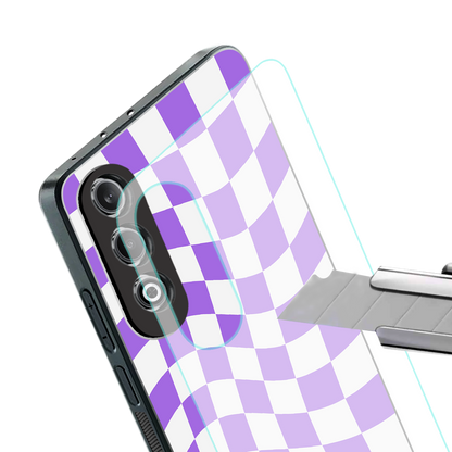 purple white trippy check pattern back phone cover | glass case for oneplus nord ce 4