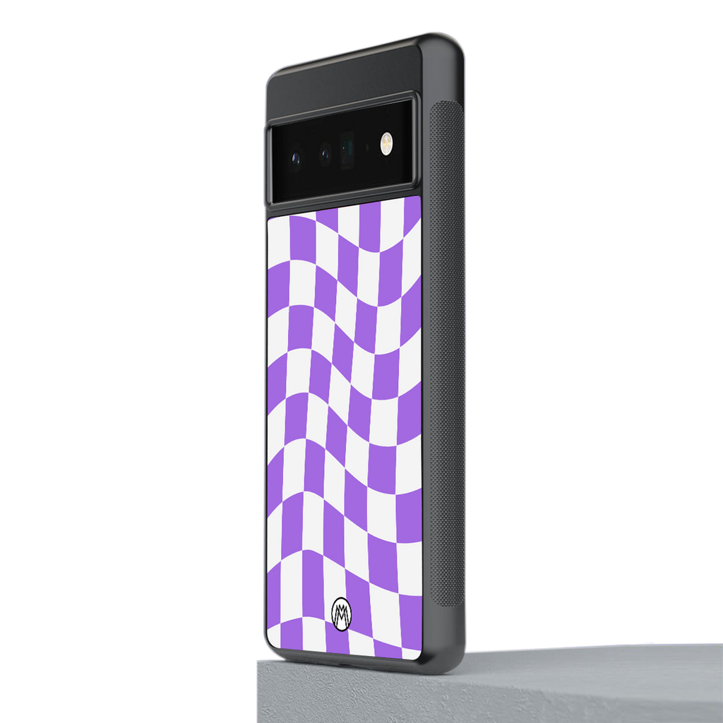 purple white trippy check pattern back phone cover | glass case for google pixel 6 pro