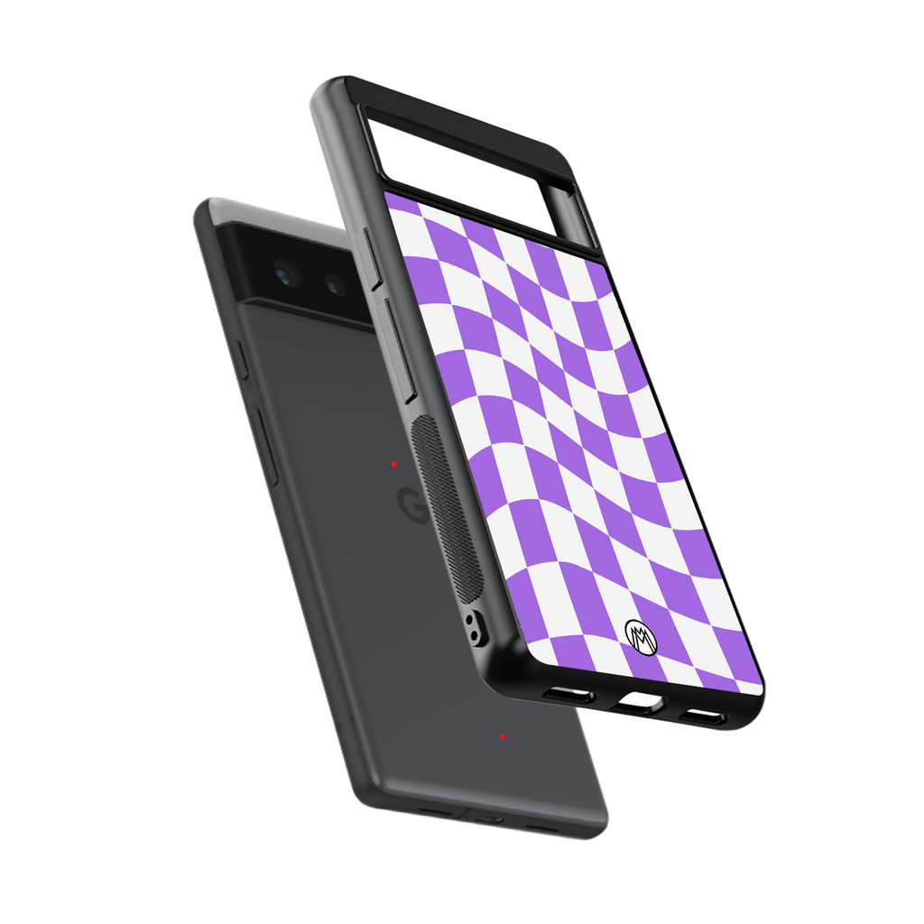 purple white trippy check pattern back phone cover | glass case for google pixel 6