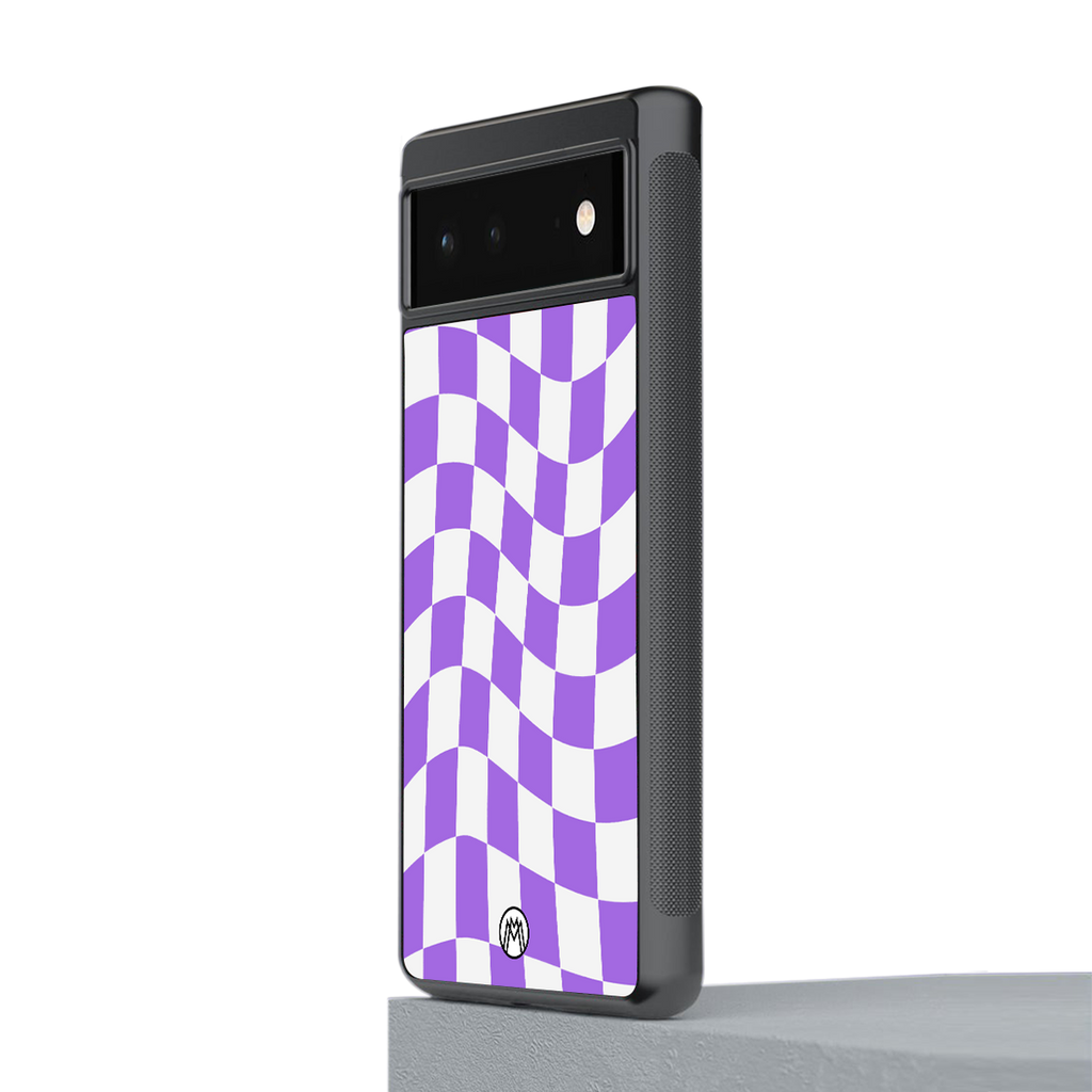 purple white trippy check pattern back phone cover | glass case for google pixel 6