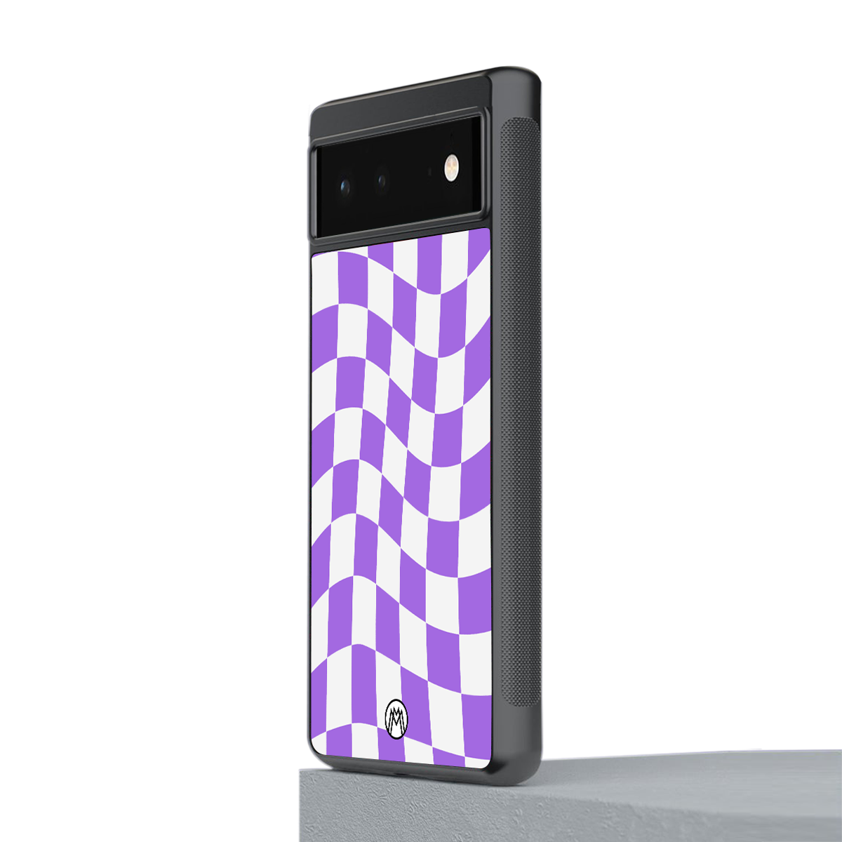 purple white trippy check pattern back phone cover | glass case for google pixel 6