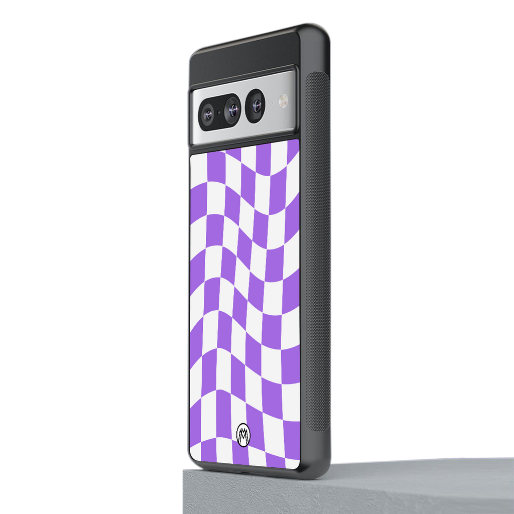 purple white trippy check pattern back phone cover | glass case for google pixel 7 pro