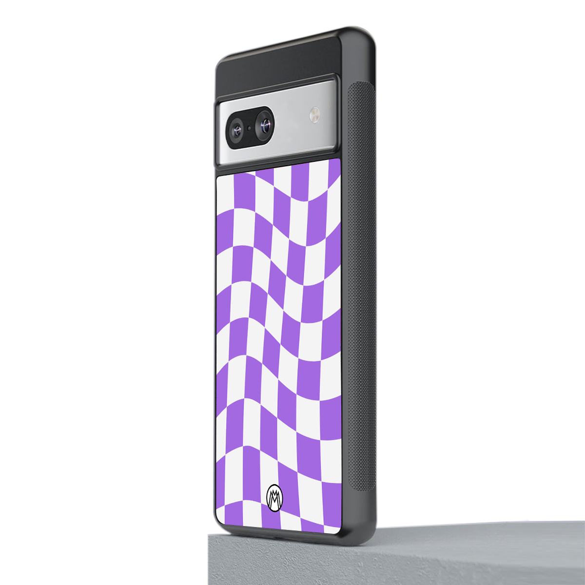 purple white trippy check pattern back phone cover | glass case for Google Pixel 7A