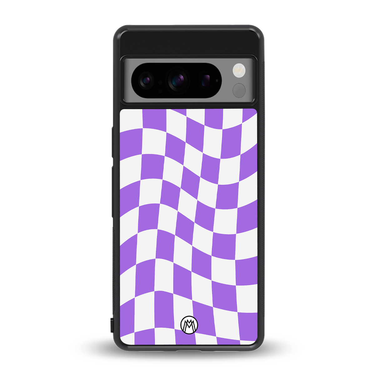 purple white trippy check pattern back phone cover | glass case for google pixel 8 pro