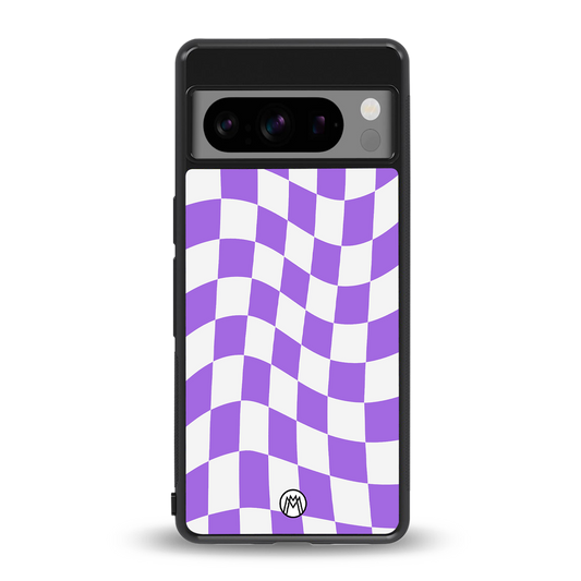 purple white trippy check pattern back phone cover | glass case for google pixel 8 pro