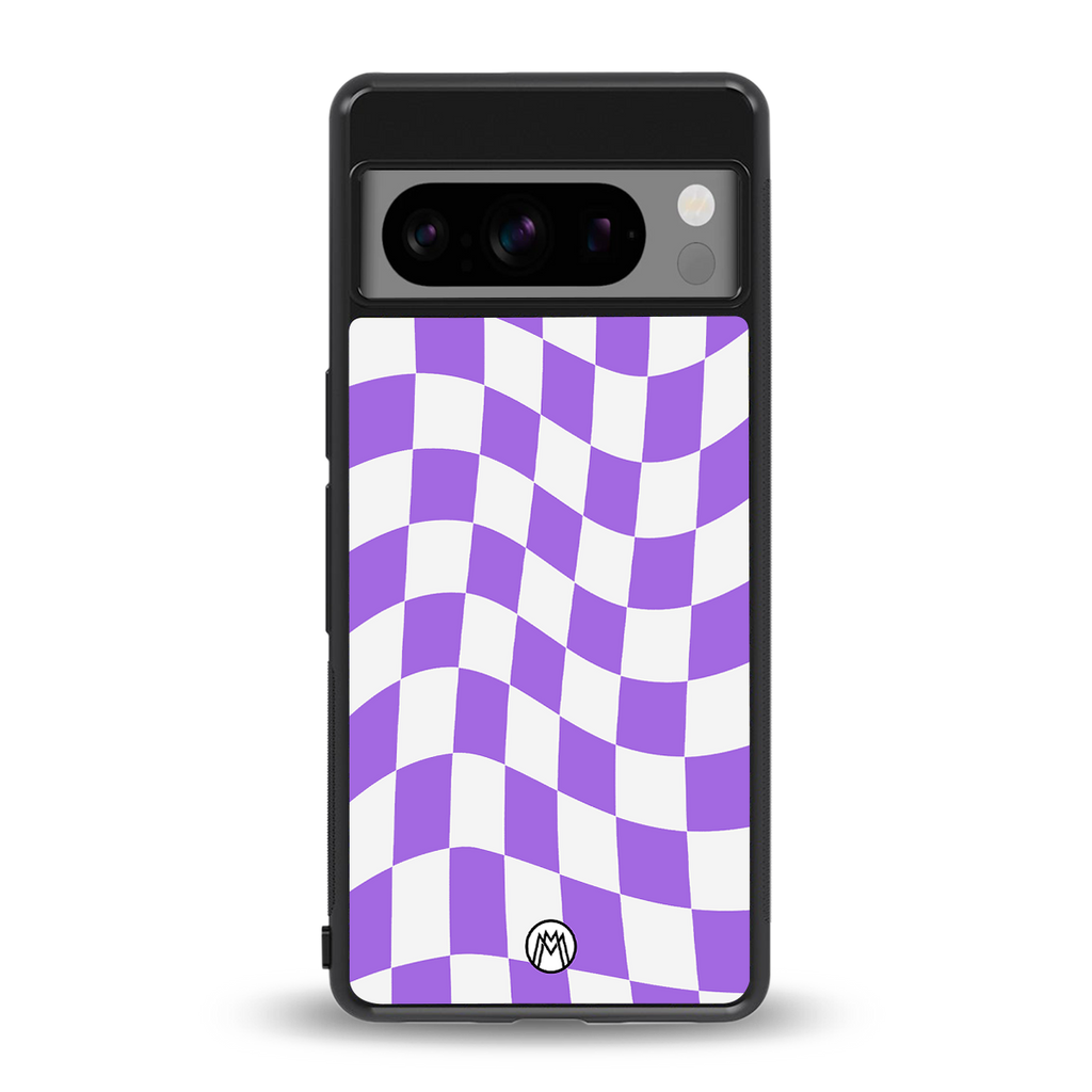 purple white trippy check pattern back phone cover | glass case for google pixel 8 pro