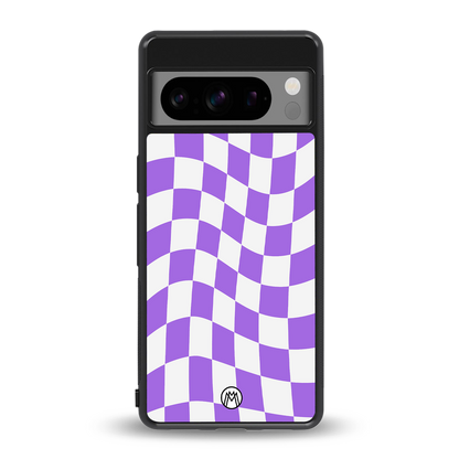 purple white trippy check pattern back phone cover | glass case for google pixel 8 pro
