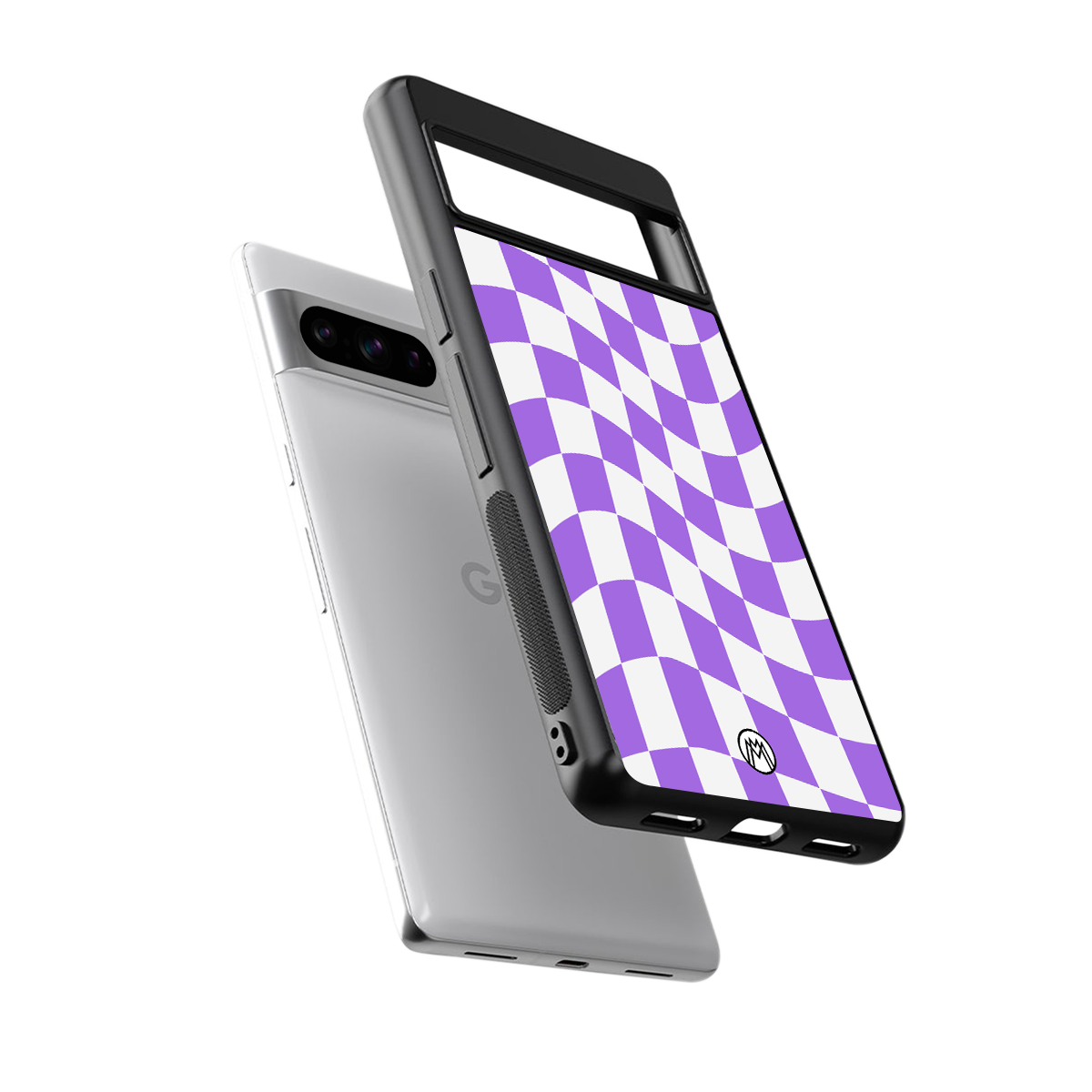 purple white trippy check pattern back phone cover | glass case for google pixel 8 pro