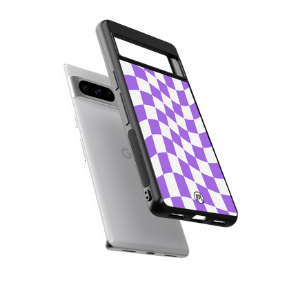 purple white trippy check pattern back phone cover | glass case for google pixel 8 pro