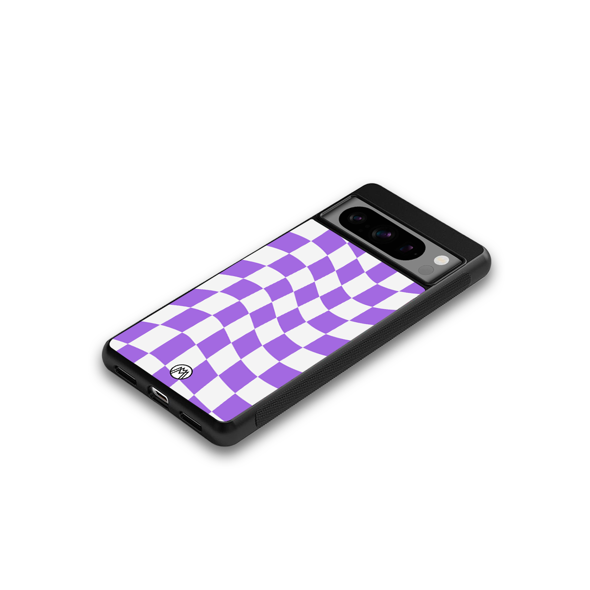 purple white trippy check pattern back phone cover | glass case for google pixel 8 pro