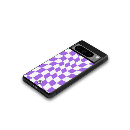 purple white trippy check pattern back phone cover | glass case for google pixel 8 pro