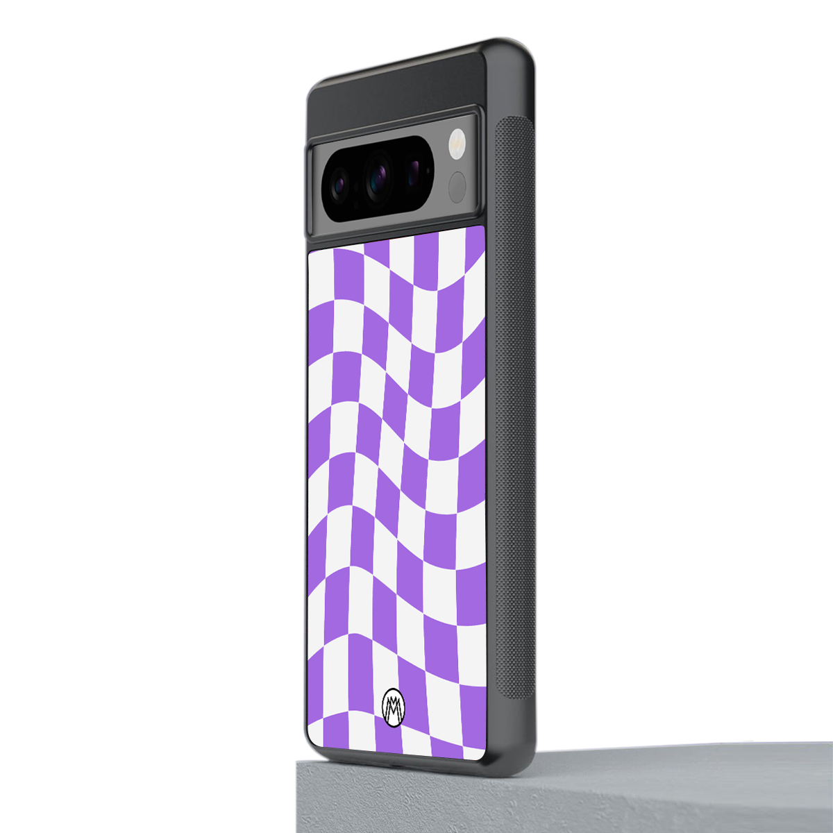 purple white trippy check pattern back phone cover | glass case for google pixel 8 pro