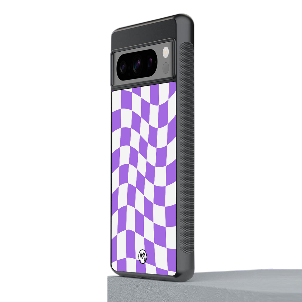 purple white trippy check pattern back phone cover | glass case for google pixel 8 pro