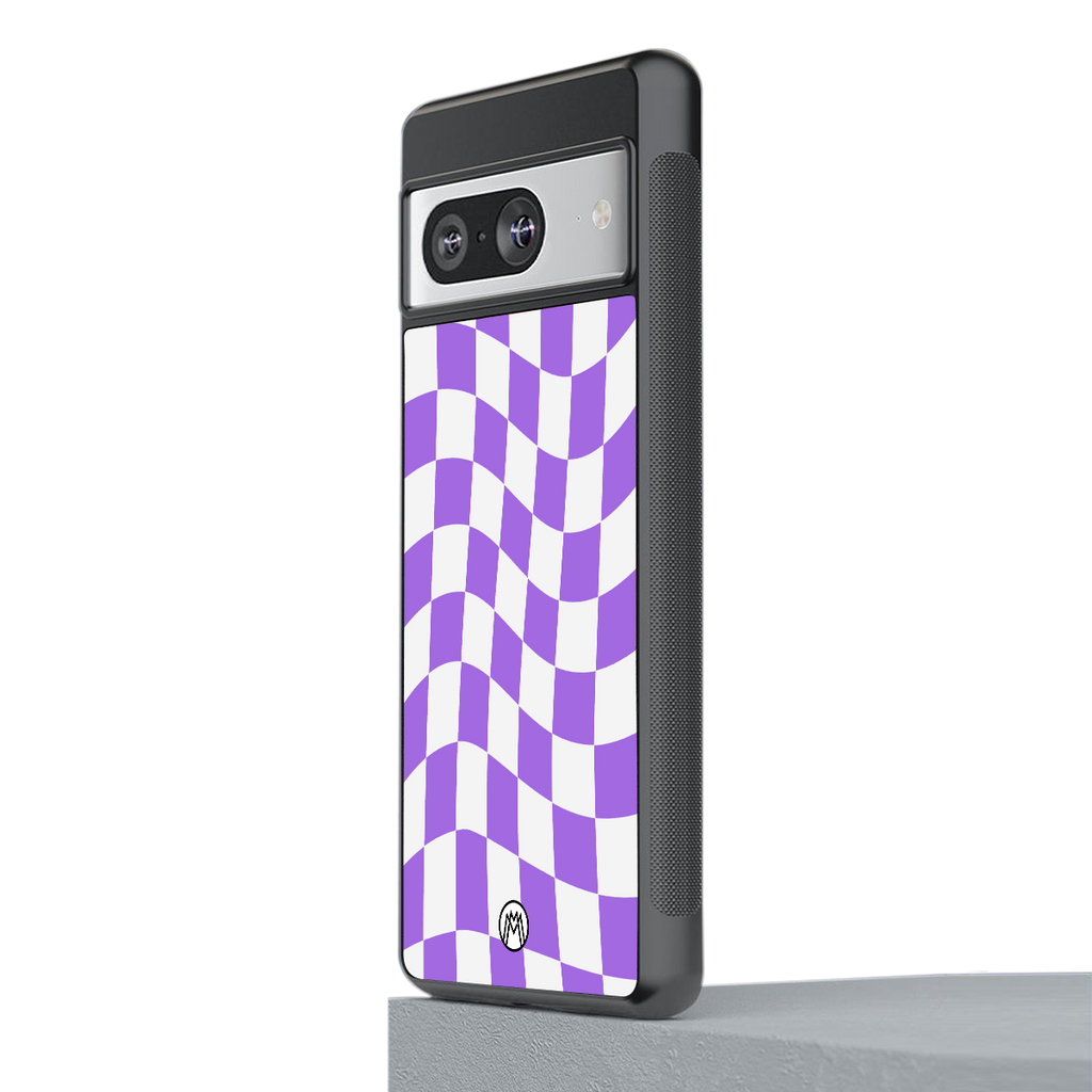 purple white trippy check pattern back phone cover | glass case for Google Pixel 8