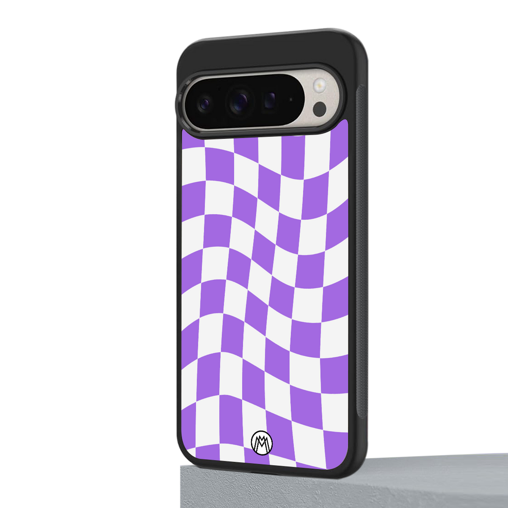 purple white trippy check pattern back phone cover | glass case for google pixel 9 pro